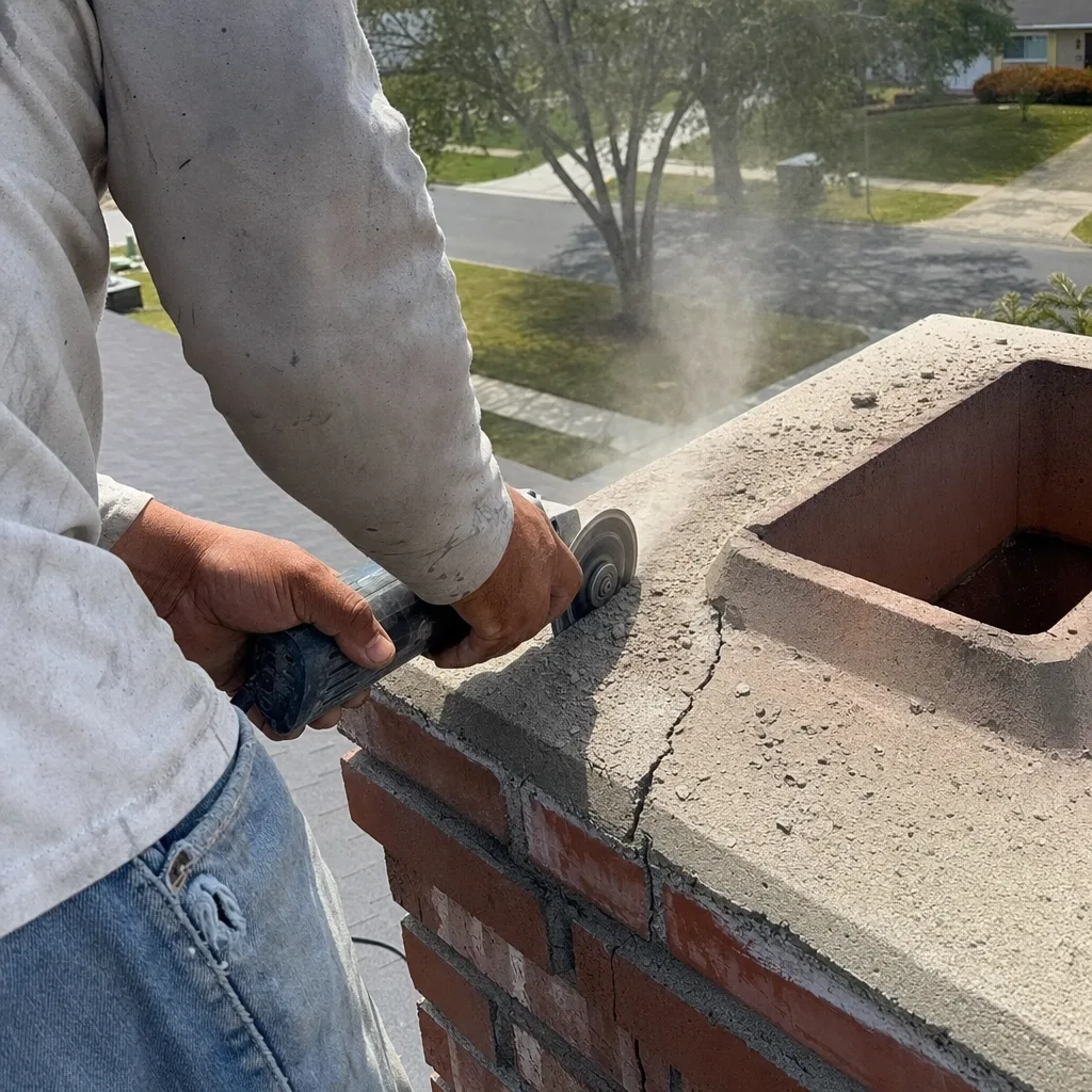 Professional performing chimney crown repair and masonry maintenance on a roof.
