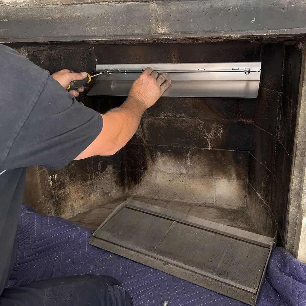 Technician installing a metal damper inside a masonry fireplace