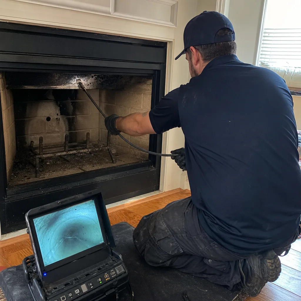 Professional chimney sweep performing a fireplace inspection with a camera system